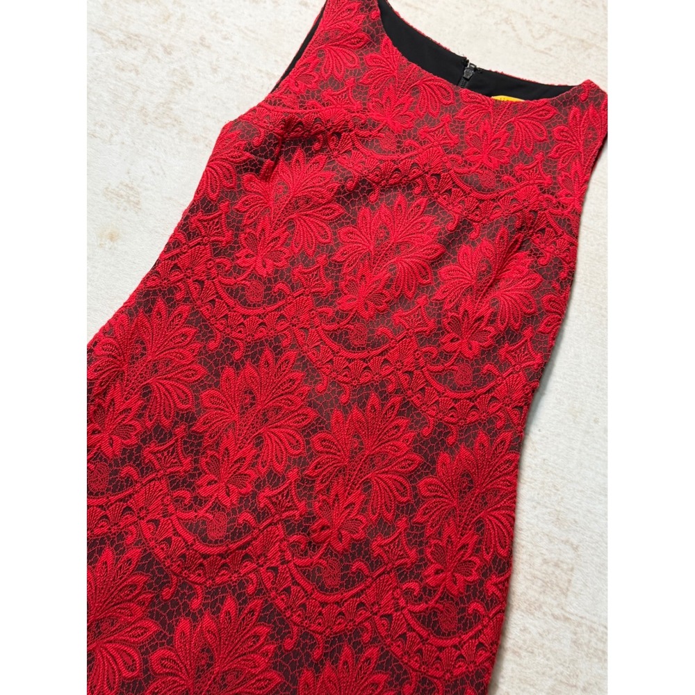 Alice + Olivia Red Black Floral Lace Sleeveless Sheath Dress Exposed Zipper